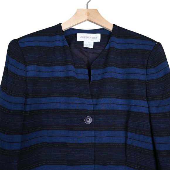 Jones New York Women's 14 Blue Black 2 Button Front Lined Silk Blazer - Picture 3 of 9